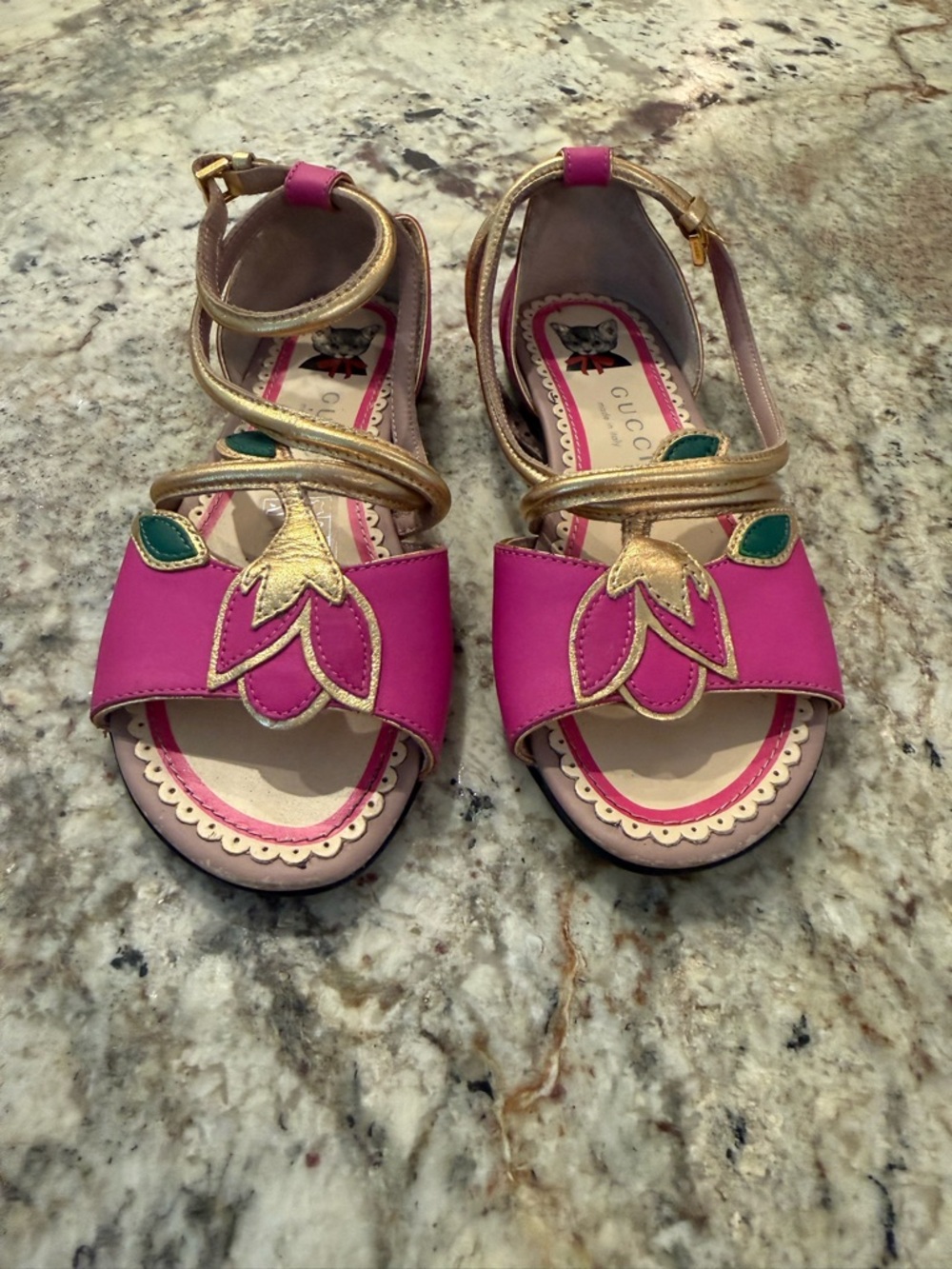 Gucci Hot Pink, Gold & Green Floral Girls' Sandals
